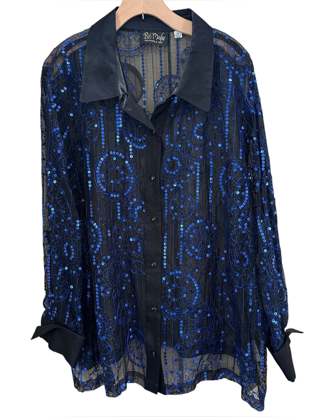 Bob Mackie Wearable Art Sheer Black Blue Sequin Silk Blouse Button-up 3X
